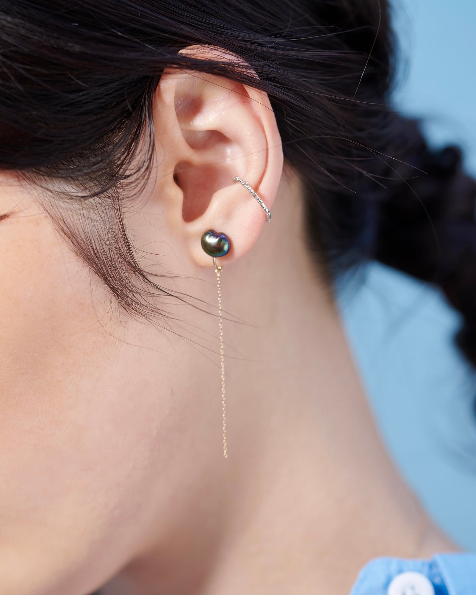 Wパール チェーンイヤークリップ